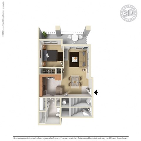 Floor plan for 1 bed, 1 bath, 646 sqft